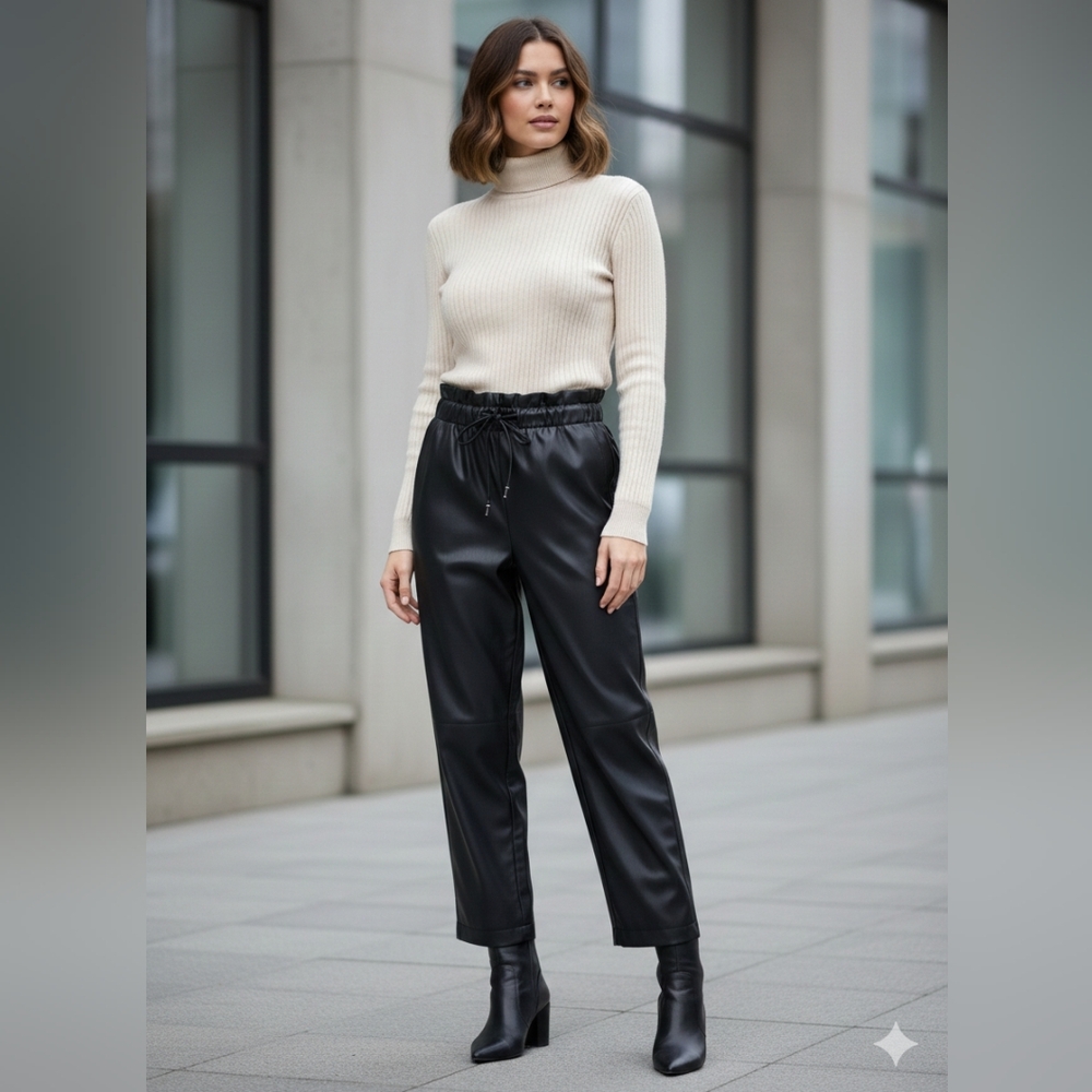 NEW Zara Womens Faux Leather High Waist Paper Bag Barrel Black Crop Pants Sz XS